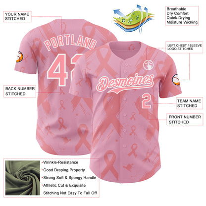 Custom Light Pink Medium Pink-White Breast Cancer Awareness Fight Pink Ribbon Authentic Baseball Jersey