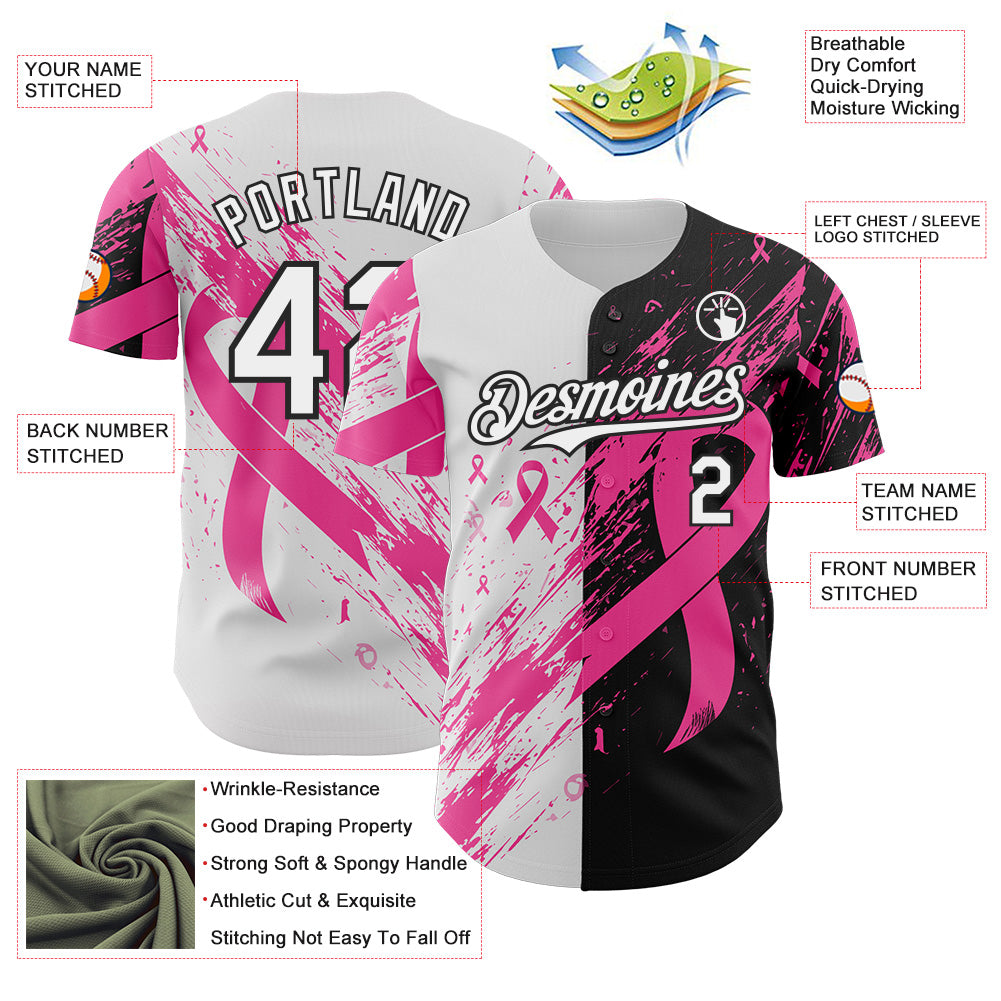Custom White Pink-Black Breast Cancer Awareness Fight Pink Ribbon Split Authentic Baseball Jersey