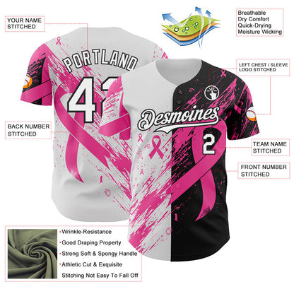 Custom White Pink-Black Breast Cancer Awareness Fight Pink Ribbon Split Authentic Baseball Jersey