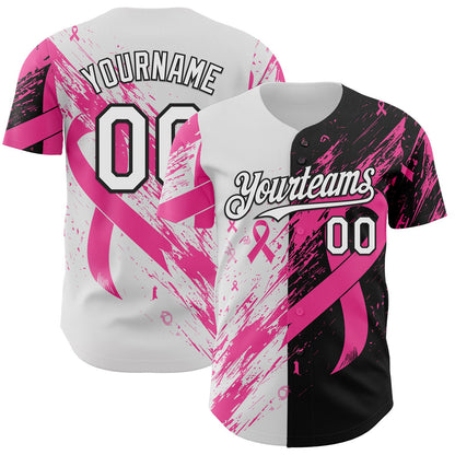 Custom White Pink-Black Breast Cancer Awareness Fight Pink Ribbon Split Authentic Baseball Jersey