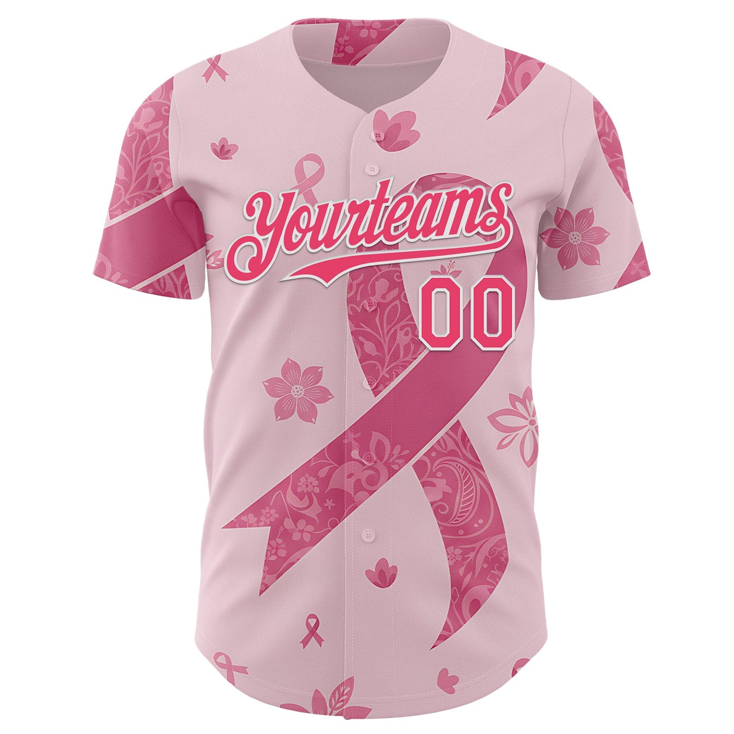 Custom Pink Neon Pink-White Breast Cancer Awareness Pink Ribbon Floral Authentic Baseball Jersey