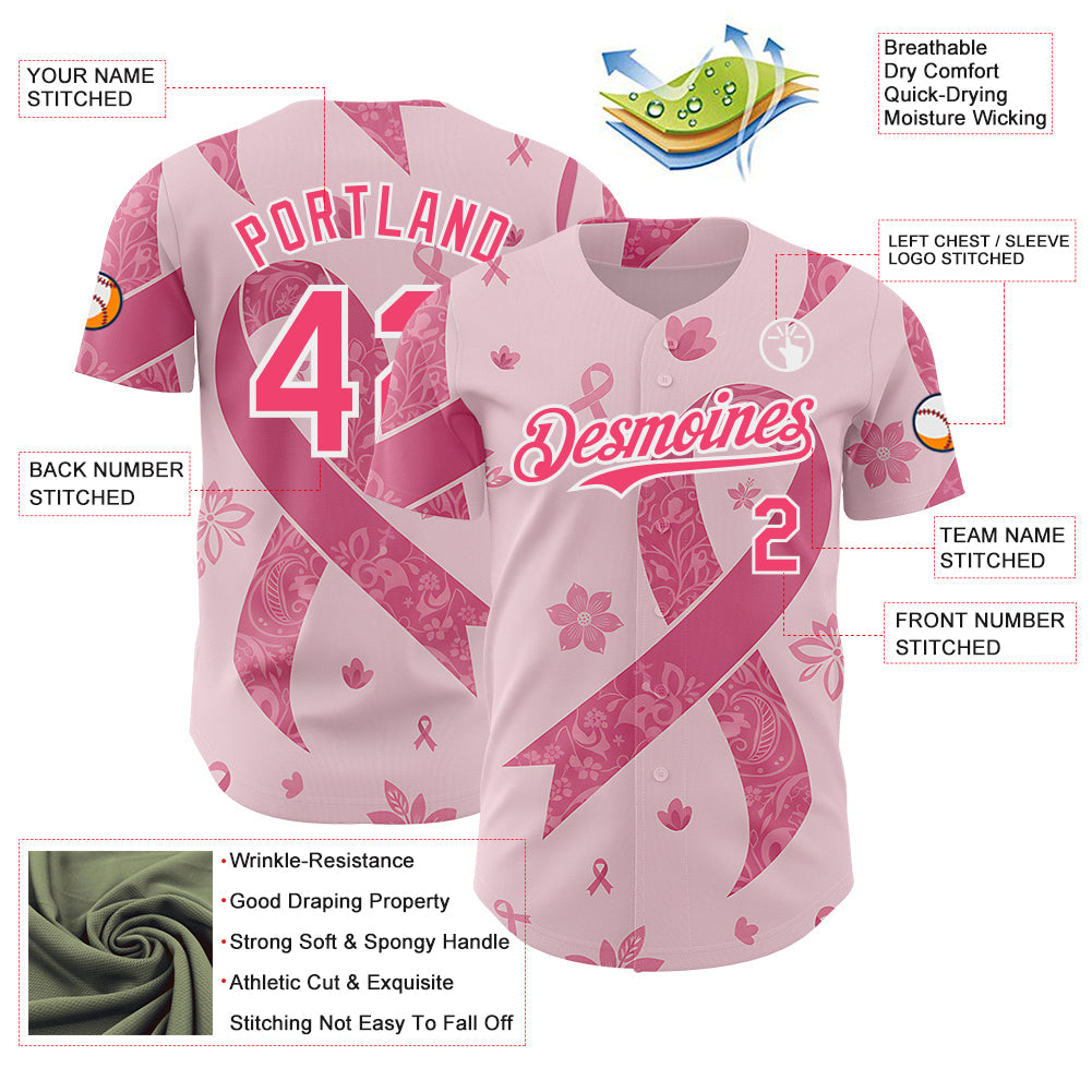 Custom Pink Neon Pink-White Breast Cancer Awareness Pink Ribbon Floral Authentic Baseball Jersey