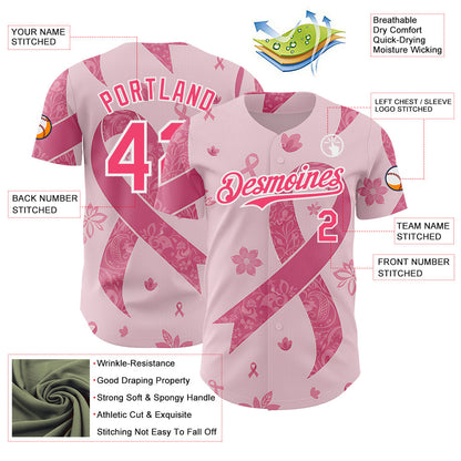 Custom Pink Neon Pink-White Breast Cancer Awareness Pink Ribbon Floral Authentic Baseball Jersey