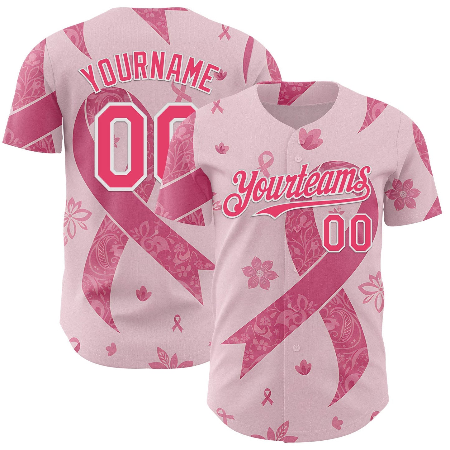 Custom Pink Neon Pink-White Breast Cancer Awareness Pink Ribbon Floral Authentic Baseball Jersey