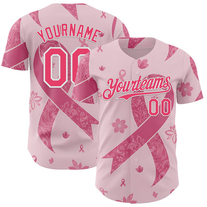 Custom Pink Neon Pink-White Breast Cancer Awareness Pink Ribbon Floral Authentic Baseball Jersey