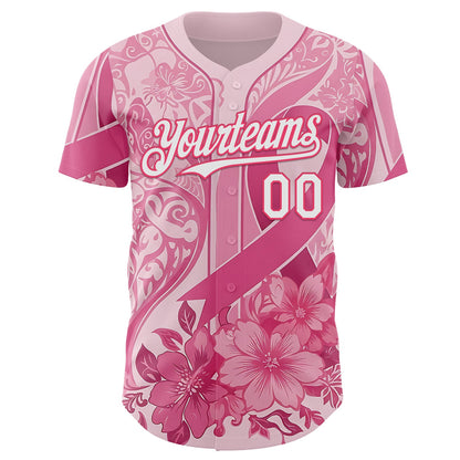Custom Pink White-Neon Pink Breast Cancer Awareness Pink Ribbon Floral Authentic Baseball Jersey