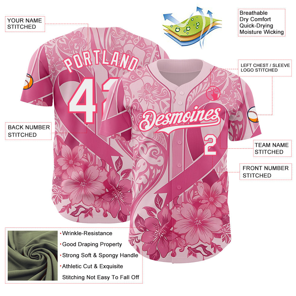 Custom Pink White-Neon Pink Breast Cancer Awareness Pink Ribbon Floral Authentic Baseball Jersey