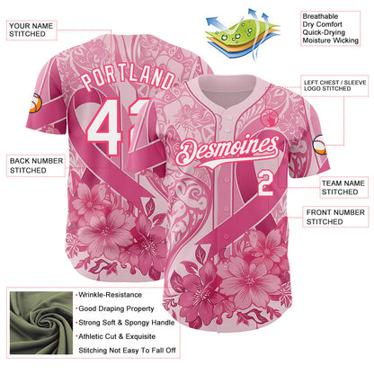 Custom Pink White-Neon Pink Breast Cancer Awareness Pink Ribbon Floral Authentic Baseball Jersey