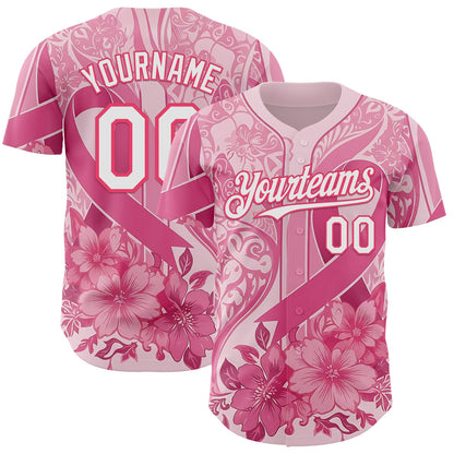Custom Pink White-Neon Pink Breast Cancer Awareness Pink Ribbon Floral Authentic Baseball Jersey