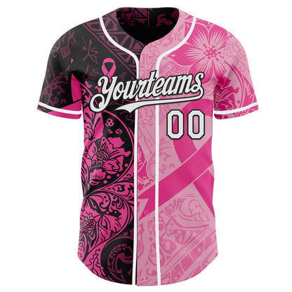 Custom Black White-Pink Breast Cancer Awareness Pink Ribbon Floral Authentic Baseball Jersey