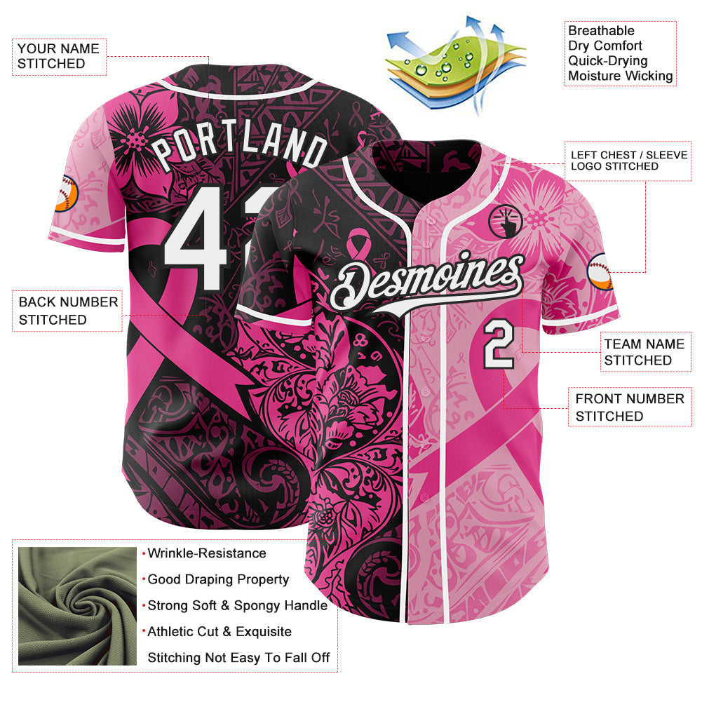 Custom Black White-Pink Breast Cancer Awareness Pink Ribbon Floral Authentic Baseball Jersey