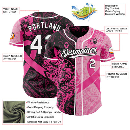 Custom Black White-Pink Breast Cancer Awareness Pink Ribbon Floral Authentic Baseball Jersey