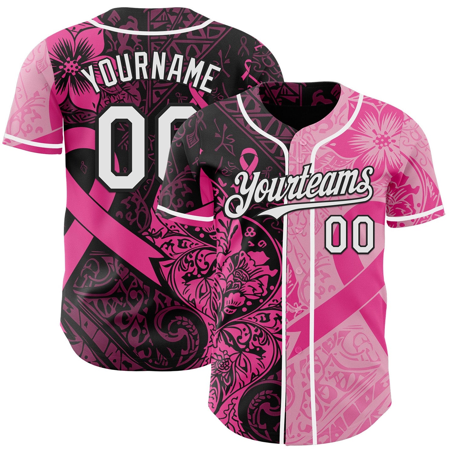 Custom Black White-Pink Breast Cancer Awareness Pink Ribbon Floral Authentic Baseball Jersey
