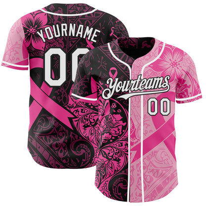 Custom Black White-Pink Breast Cancer Awareness Pink Ribbon Floral Authentic Baseball Jersey