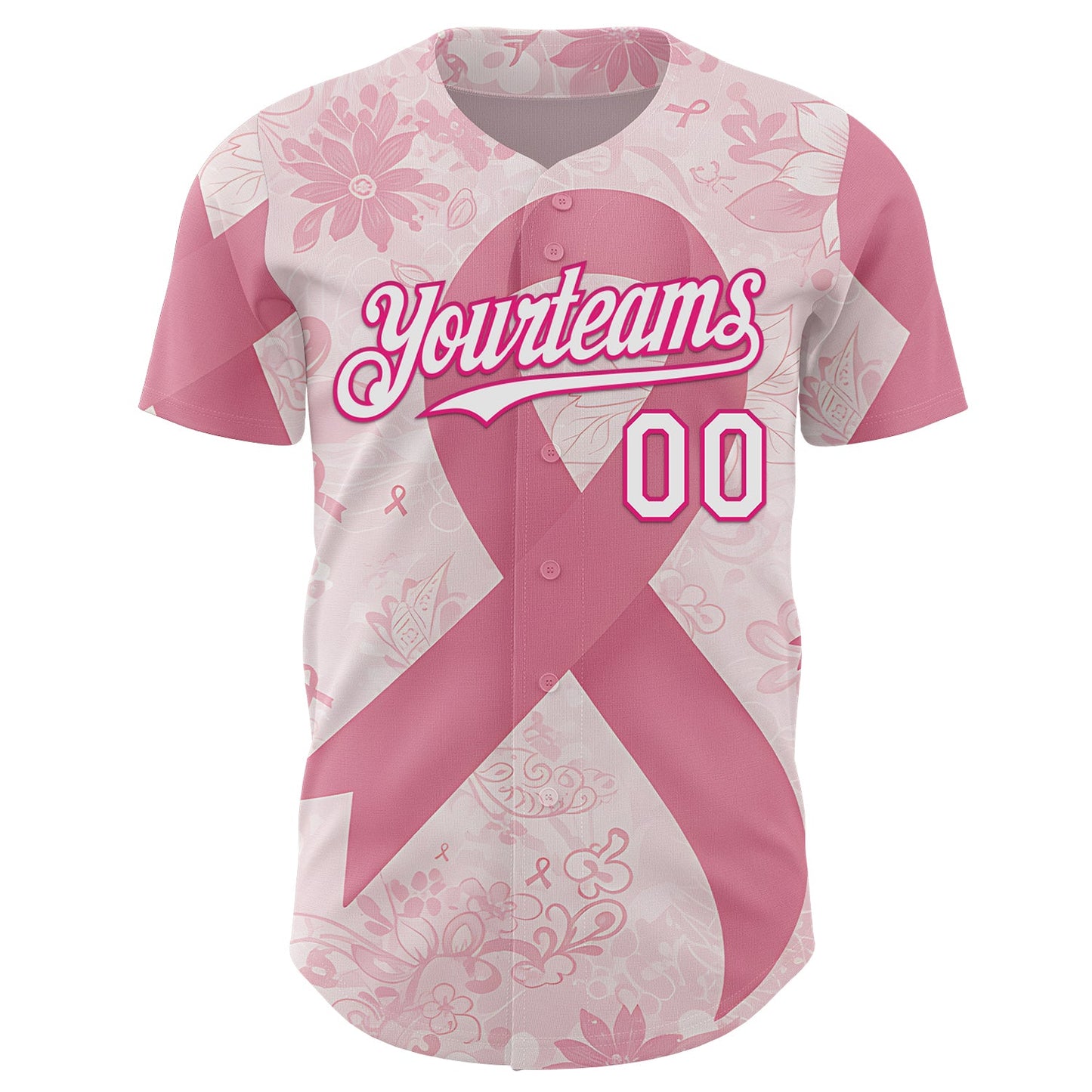 Custom Light Pink White-Hot Pink Breast Cancer Awareness Pink Ribbon Floral Authentic Baseball Jersey
