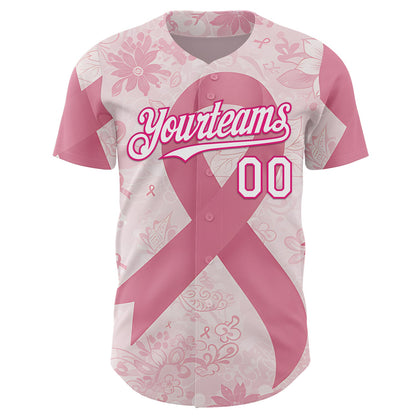 Custom Light Pink White-Hot Pink Breast Cancer Awareness Pink Ribbon Floral Authentic Baseball Jersey