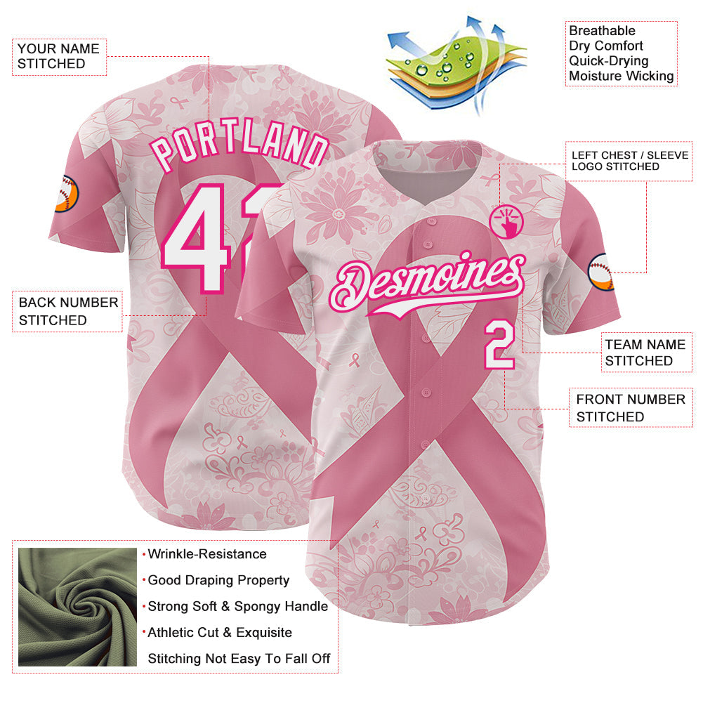 Custom Light Pink White-Hot Pink Breast Cancer Awareness Pink Ribbon Floral Authentic Baseball Jersey