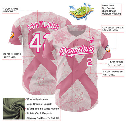 Custom Light Pink White-Hot Pink Breast Cancer Awareness Pink Ribbon Floral Authentic Baseball Jersey