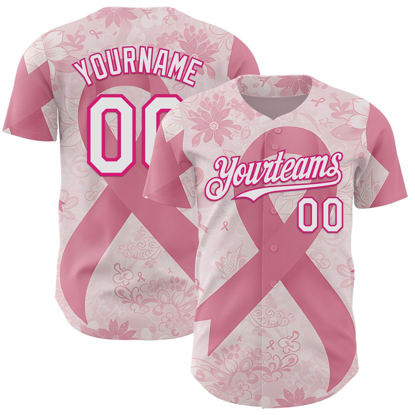 Custom Light Pink White-Hot Pink Breast Cancer Awareness Pink Ribbon Floral Authentic Baseball Jersey
