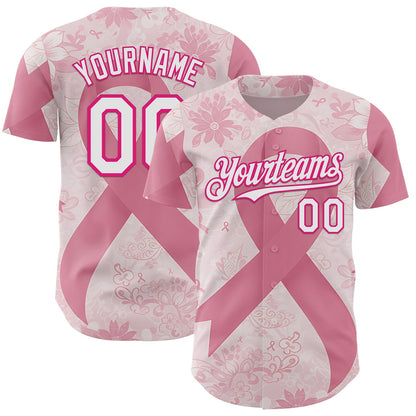 Custom Light Pink White-Hot Pink Breast Cancer Awareness Pink Ribbon Floral Authentic Baseball Jersey