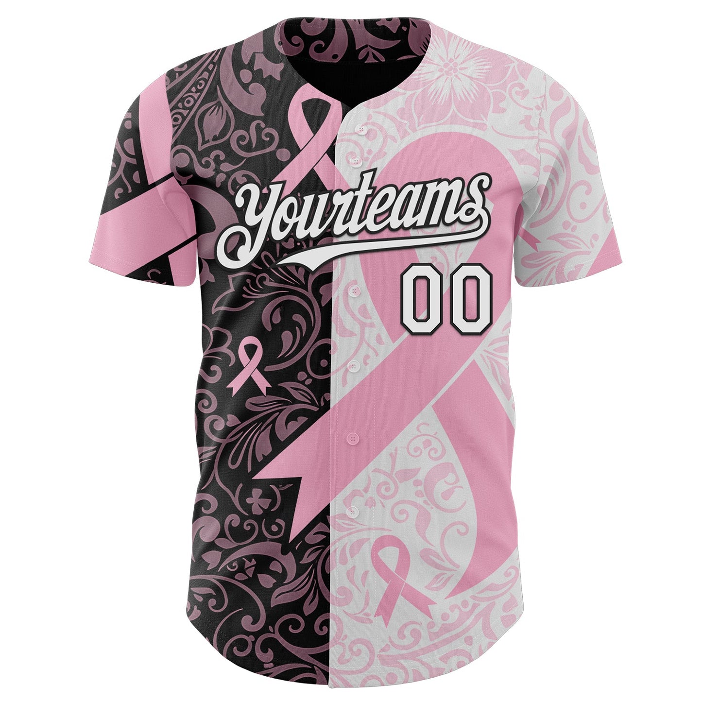 Custom Black White-Pink Breast Cancer Awareness Pink Ribbon Floral Authentic Baseball Jersey