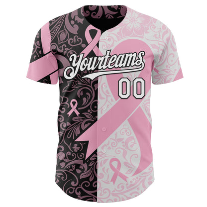 Custom Black White-Pink Breast Cancer Awareness Pink Ribbon Floral Authentic Baseball Jersey
