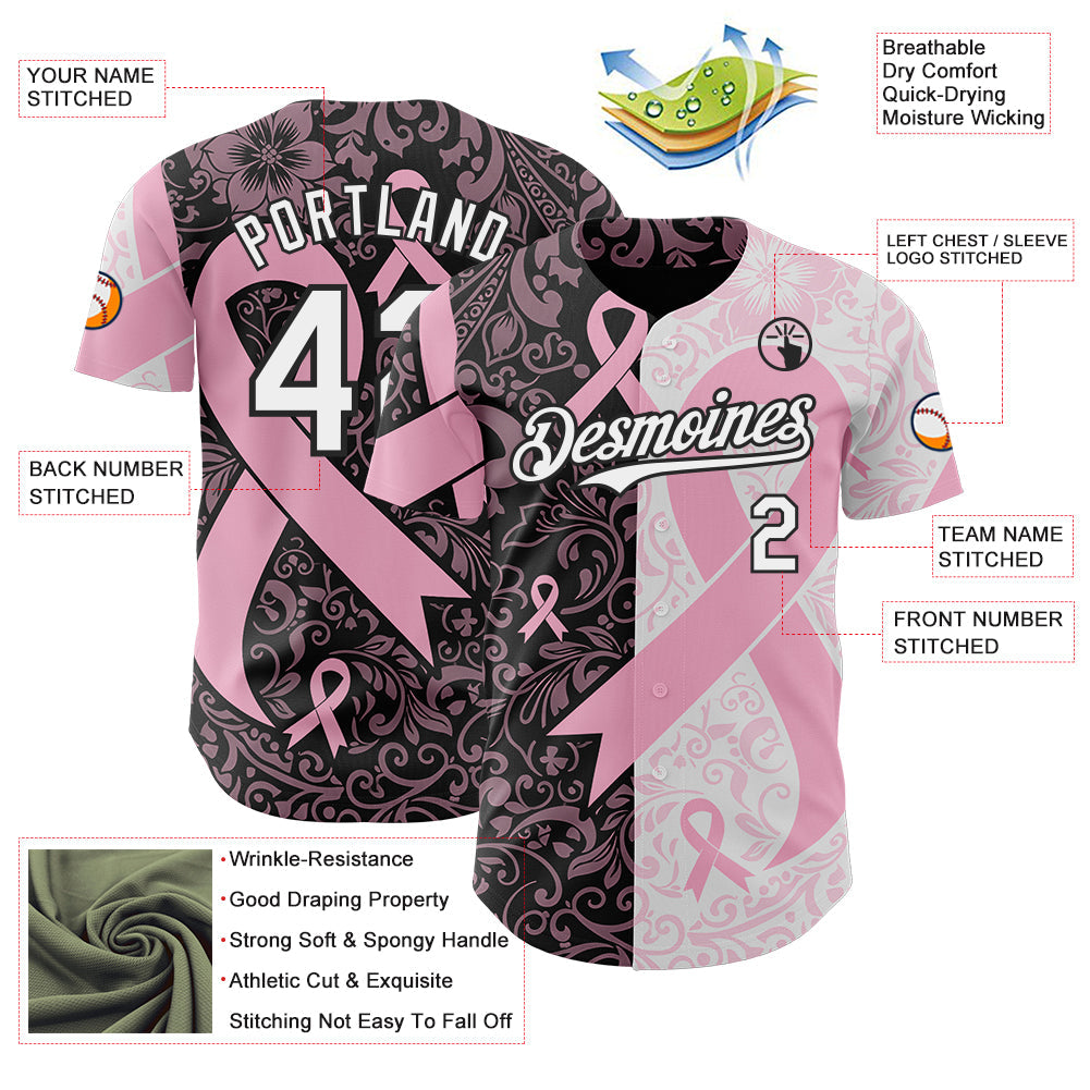 Custom Black White-Pink Breast Cancer Awareness Pink Ribbon Floral Authentic Baseball Jersey