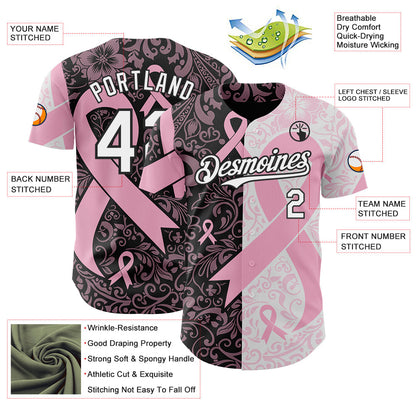 Custom Black White-Pink Breast Cancer Awareness Pink Ribbon Floral Authentic Baseball Jersey