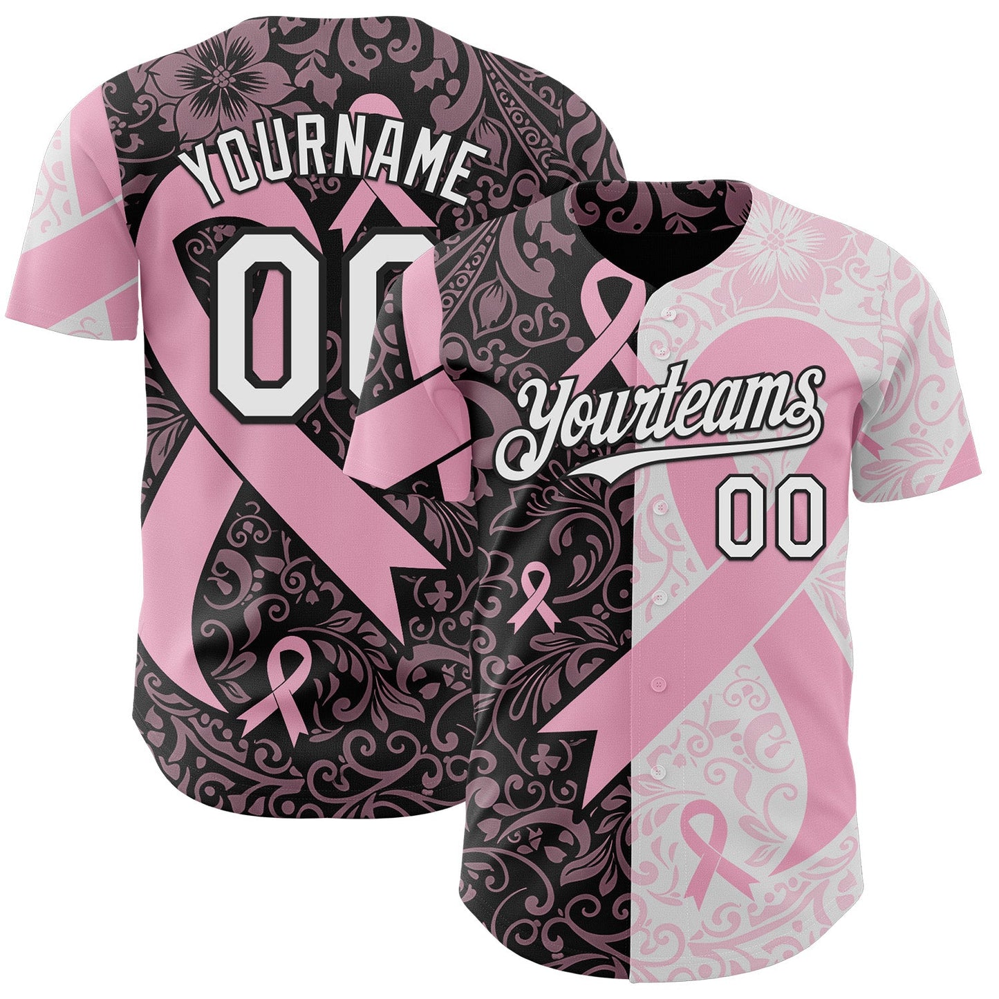 Custom Black White-Pink Breast Cancer Awareness Pink Ribbon Floral Authentic Baseball Jersey
