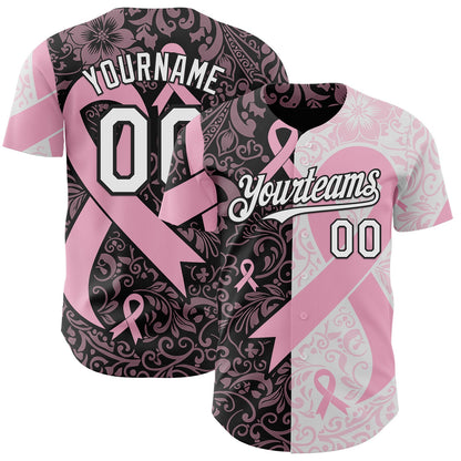 Custom Black White-Pink Breast Cancer Awareness Pink Ribbon Floral Authentic Baseball Jersey