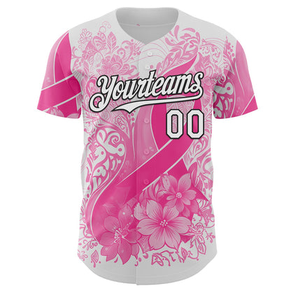 Custom White Pink-Black Breast Cancer Awareness Pink Ribbon Floral Authentic Baseball Jersey