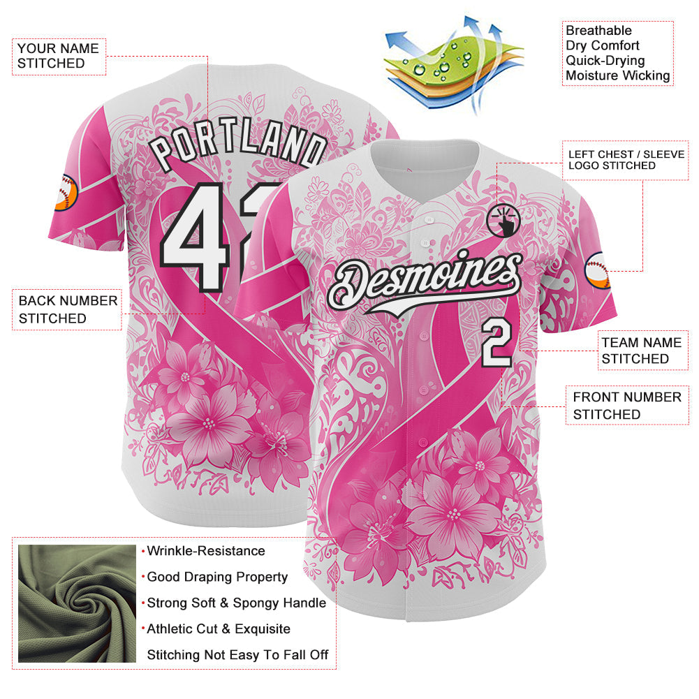 Custom White Pink-Black Breast Cancer Awareness Pink Ribbon Floral Authentic Baseball Jersey