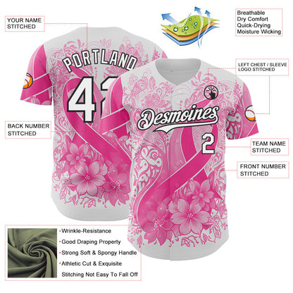 Custom White Pink-Black Breast Cancer Awareness Pink Ribbon Floral Authentic Baseball Jersey