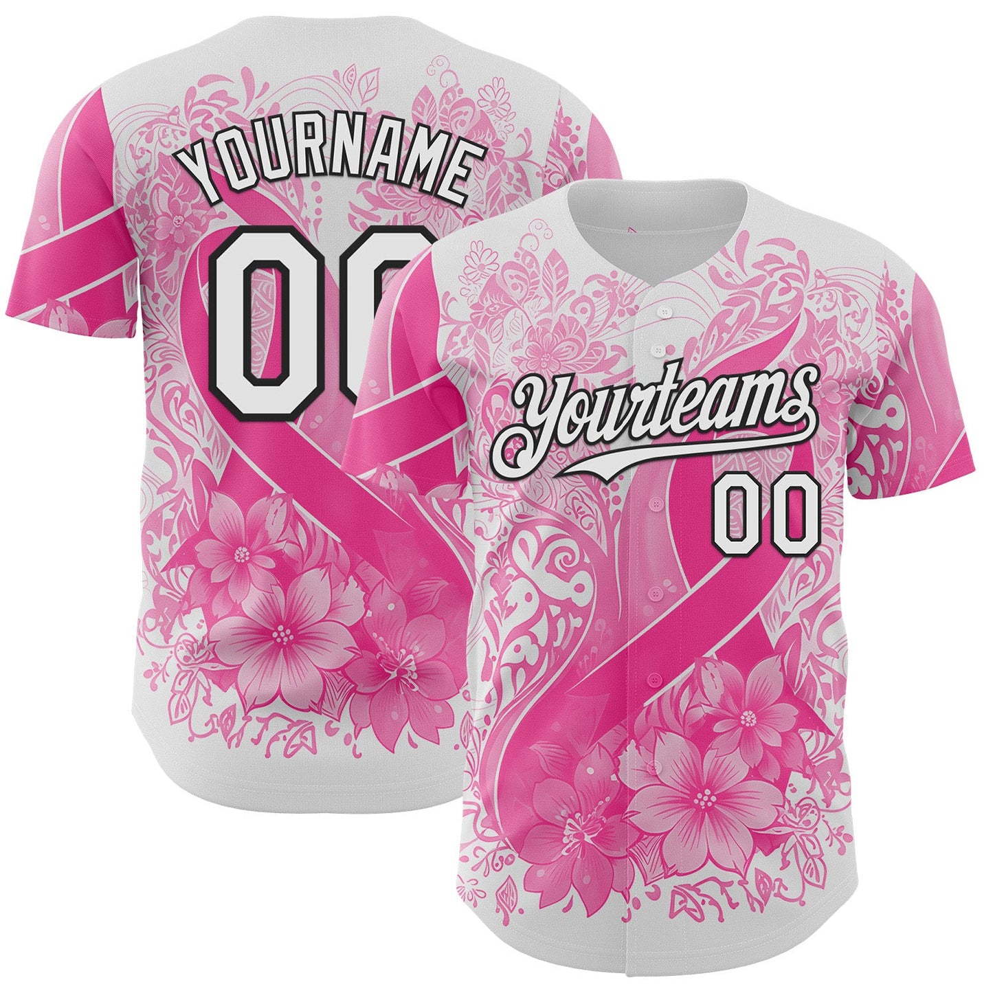 Custom White Pink-Black Breast Cancer Awareness Pink Ribbon Floral Authentic Baseball Jersey