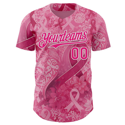 Custom Pink Hot Pink-White Breast Cancer Awareness Pink Ribbon Floral Authentic Baseball Jersey