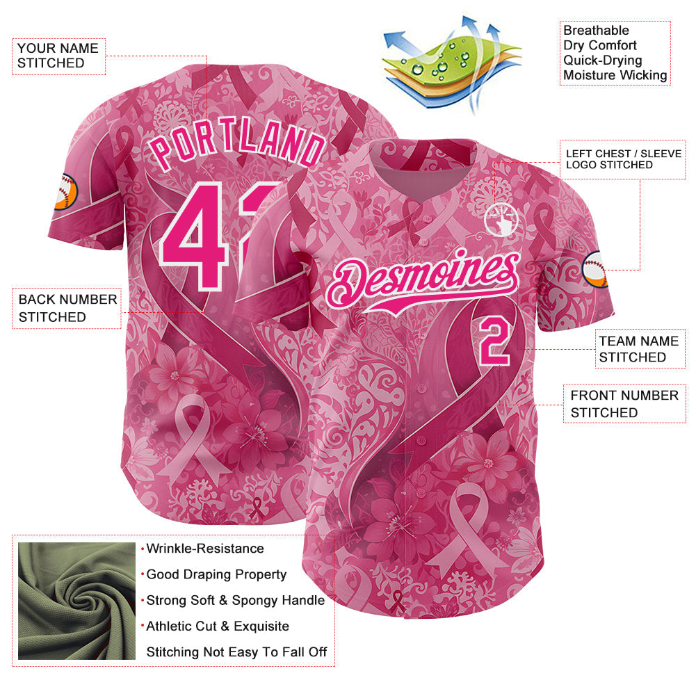 Custom Pink Hot Pink-White Breast Cancer Awareness Pink Ribbon Floral Authentic Baseball Jersey