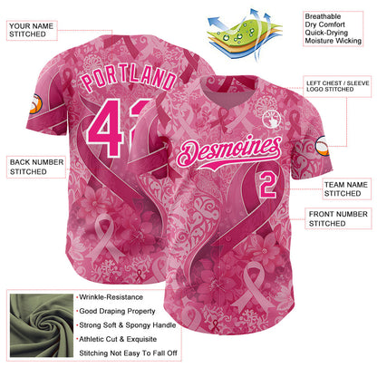 Custom Pink Hot Pink-White Breast Cancer Awareness Pink Ribbon Floral Authentic Baseball Jersey