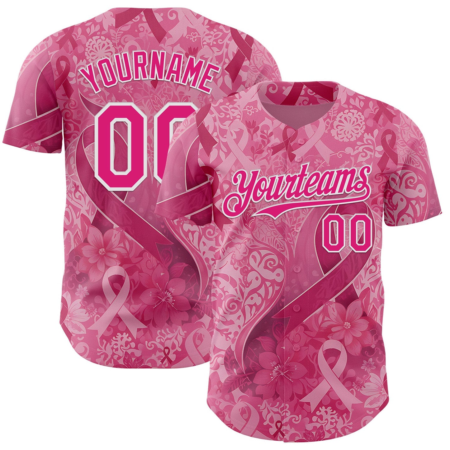 Custom Pink Hot Pink-White Breast Cancer Awareness Pink Ribbon Floral Authentic Baseball Jersey