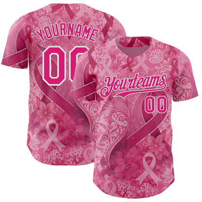 Custom Pink Hot Pink-White Breast Cancer Awareness Pink Ribbon Floral Authentic Baseball Jersey
