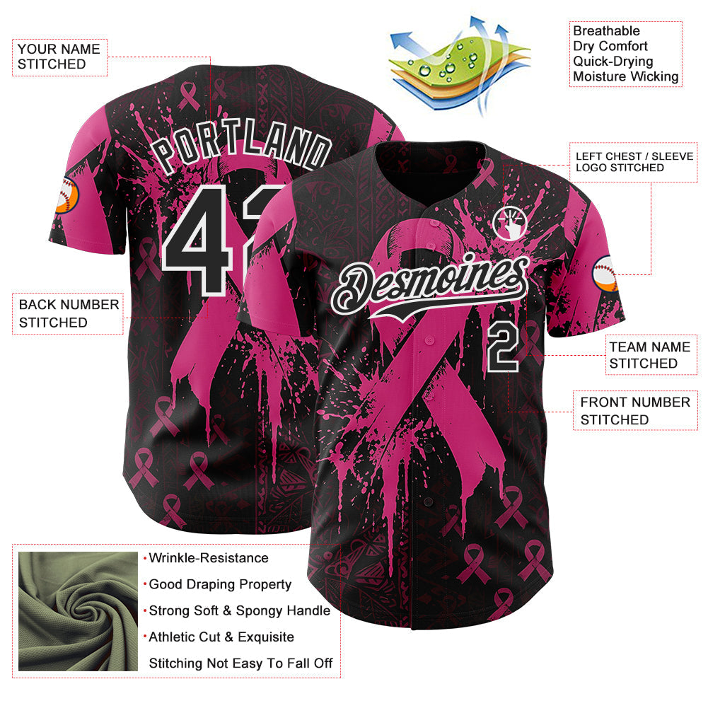 Custom Black Red-White Breast Cancer Awareness Fight Pink Ribbon Authentic Baseball Jersey