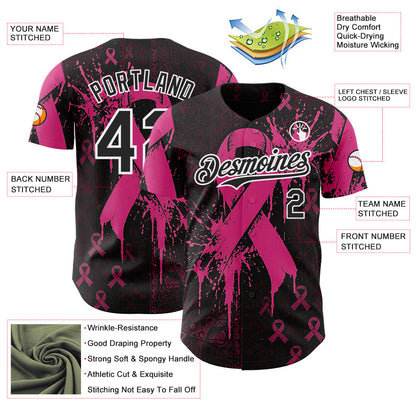 Custom Black Red-White Breast Cancer Awareness Fight Pink Ribbon Authentic Baseball Jersey