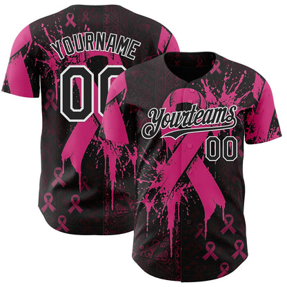 Custom Black Red-White Breast Cancer Awareness Fight Pink Ribbon Authentic Baseball Jersey