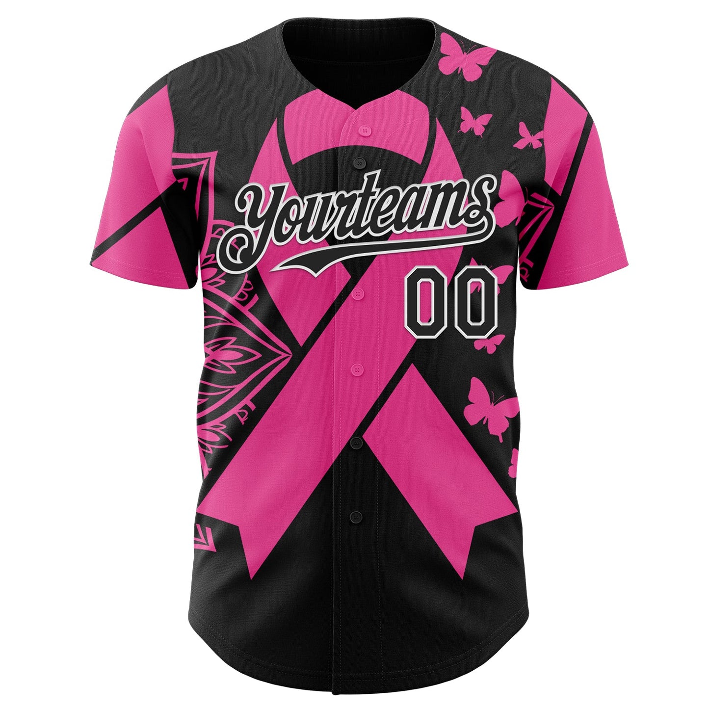 Custom Black Pink-White Breast Cancer Awareness Pink Ribbon Butterfly Authentic Baseball Jersey