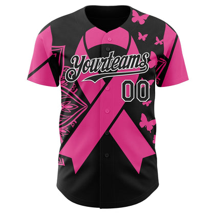 Custom Black Pink-White Breast Cancer Awareness Pink Ribbon Butterfly Authentic Baseball Jersey