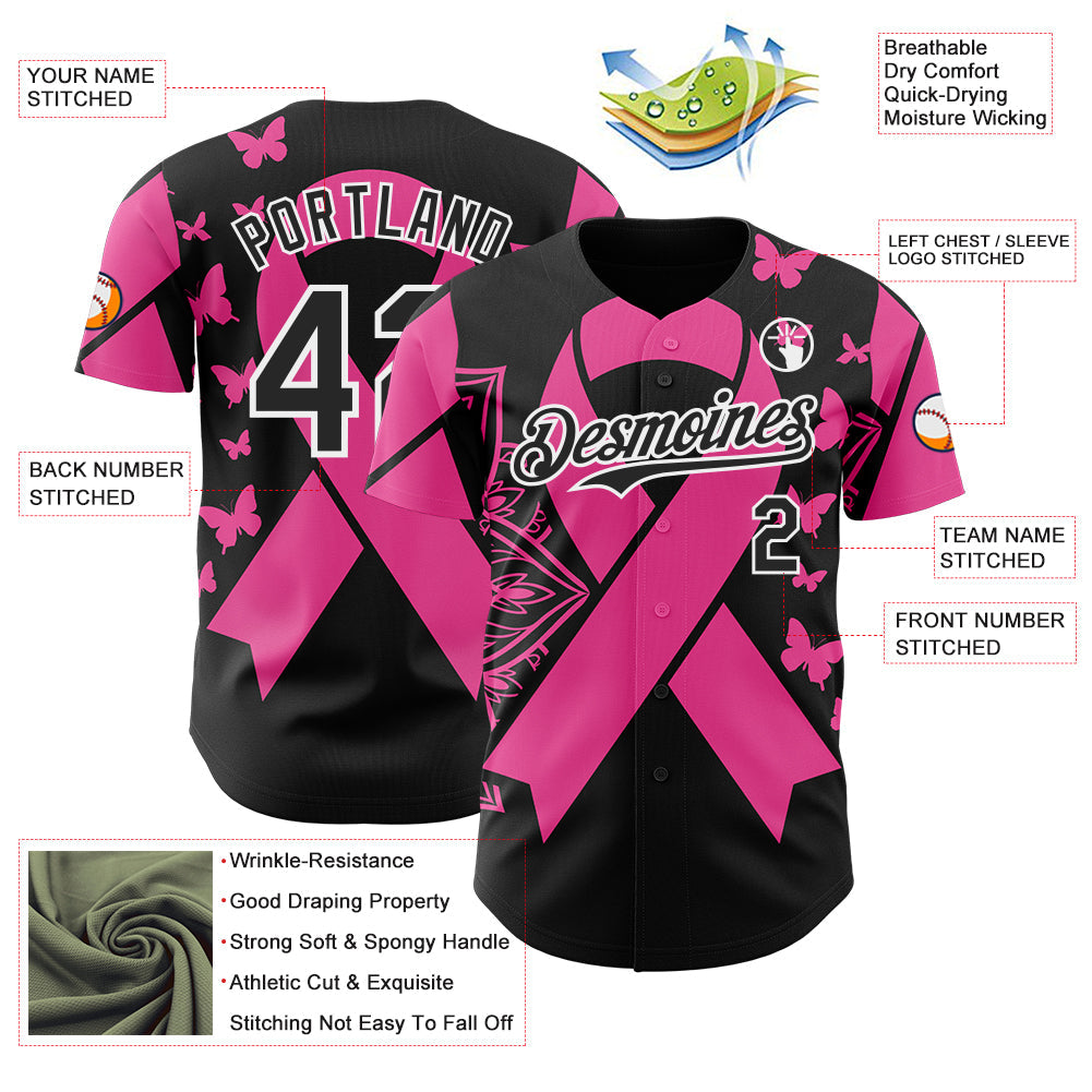 Custom Black Pink-White Breast Cancer Awareness Pink Ribbon Butterfly Authentic Baseball Jersey