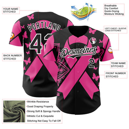 Custom Black Pink-White Breast Cancer Awareness Pink Ribbon Butterfly Authentic Baseball Jersey