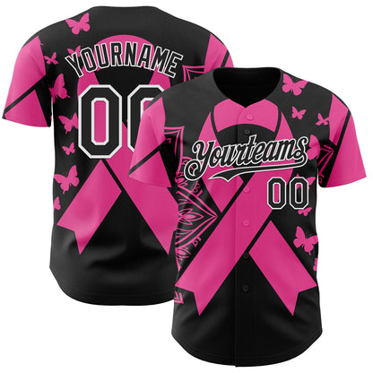 Custom Black Pink-White Breast Cancer Awareness Pink Ribbon Butterfly Authentic Baseball Jersey