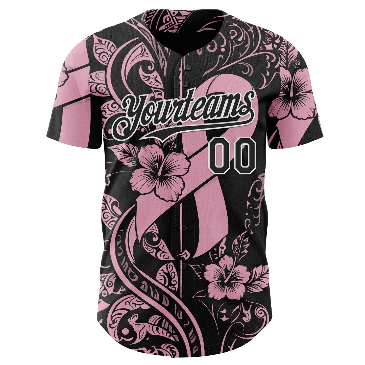 Custom Black Light Pink-White Breast Cancer Awareness Pink Ribbon Floral Authentic Baseball Jersey