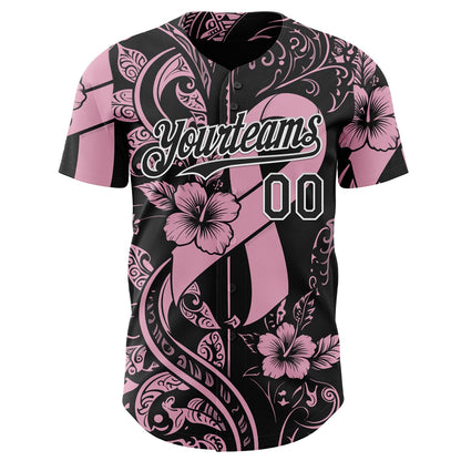 Custom Black Light Pink-White Breast Cancer Awareness Pink Ribbon Floral Authentic Baseball Jersey