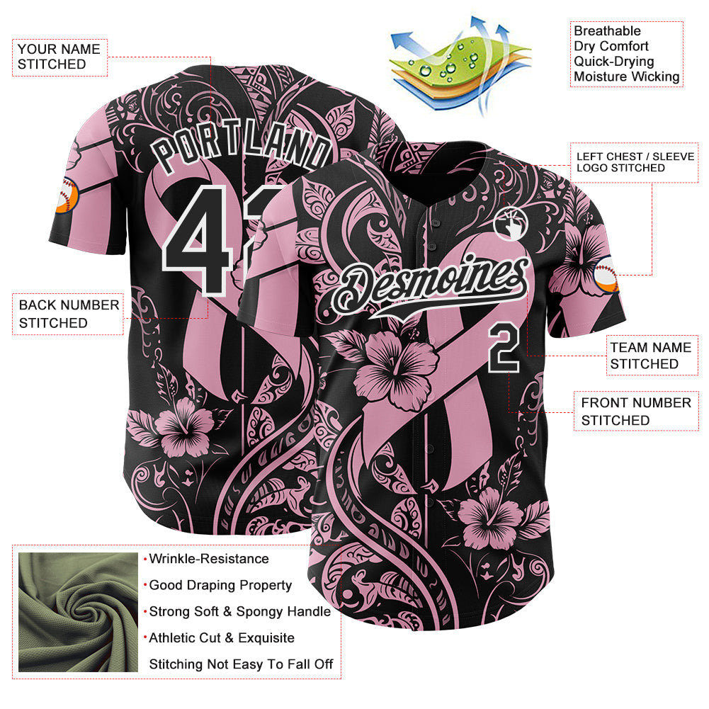 Custom Black Light Pink-White Breast Cancer Awareness Pink Ribbon Floral Authentic Baseball Jersey
